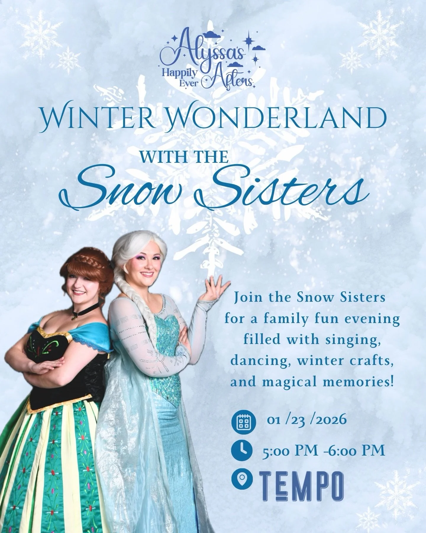 🌟 ONLY ONE WEEK LEFT 🌟

Don&rsquo;t miss your chance to see the Snow Sisters for a family fun evening filled with singing, dancing, crafts, and magical memories!! We will have various themed crafts AND a Frozen scavenger hunt!!

❄️ Winter Wonderlan