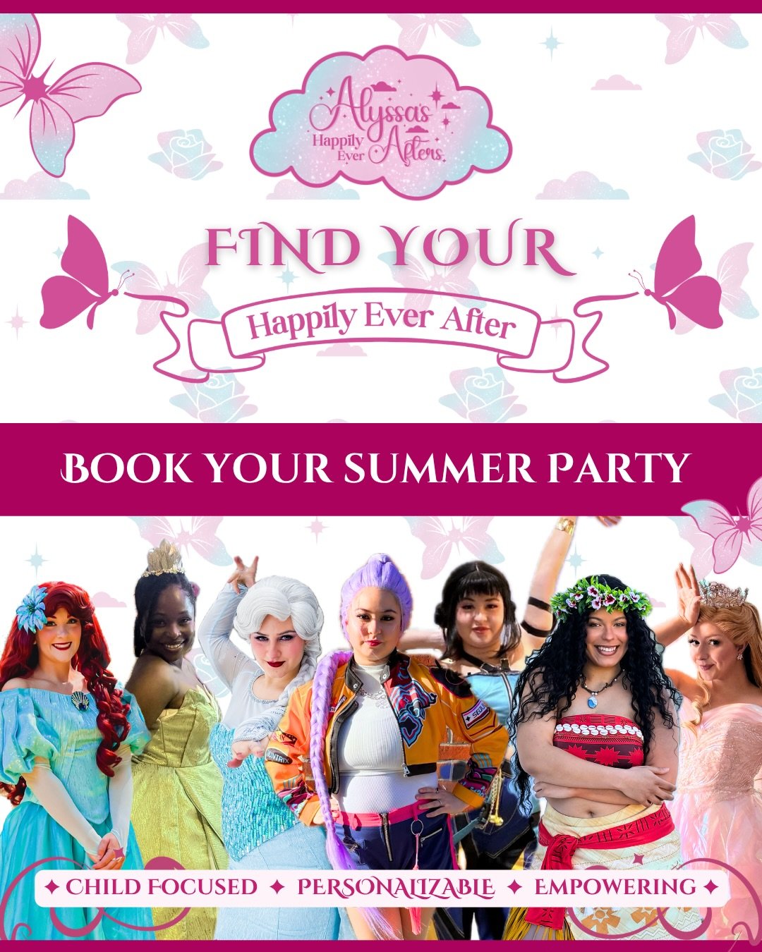 ✨🩷 Book your summer celebration TODAY! 🩷✨

&bull;

Whether it&rsquo;s a birthday party or a special event, our characters are ready to celebrate with unforgettable memories!

At Alyssa&rsquo;s Happily Ever Afters, every event is:
✨ Child-focused
✨ 