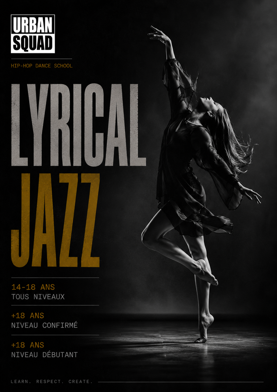 Une femme en noir et blanc avec un maquillage sombre, portant un costume noir, pose de manière confiante. Sur l'image, texte en vert indiquant 'Fusion Jazz Hip Hop' et en blanc 'À partir de 16 ans'.