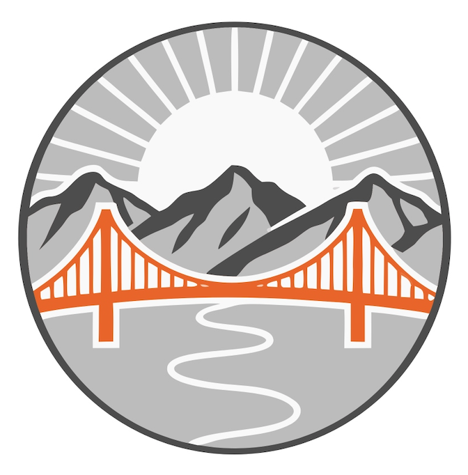 Stylized logo featuring a mountain range, a bridge, and a winding river with a sunburst in the background in grayscale with orange accents.