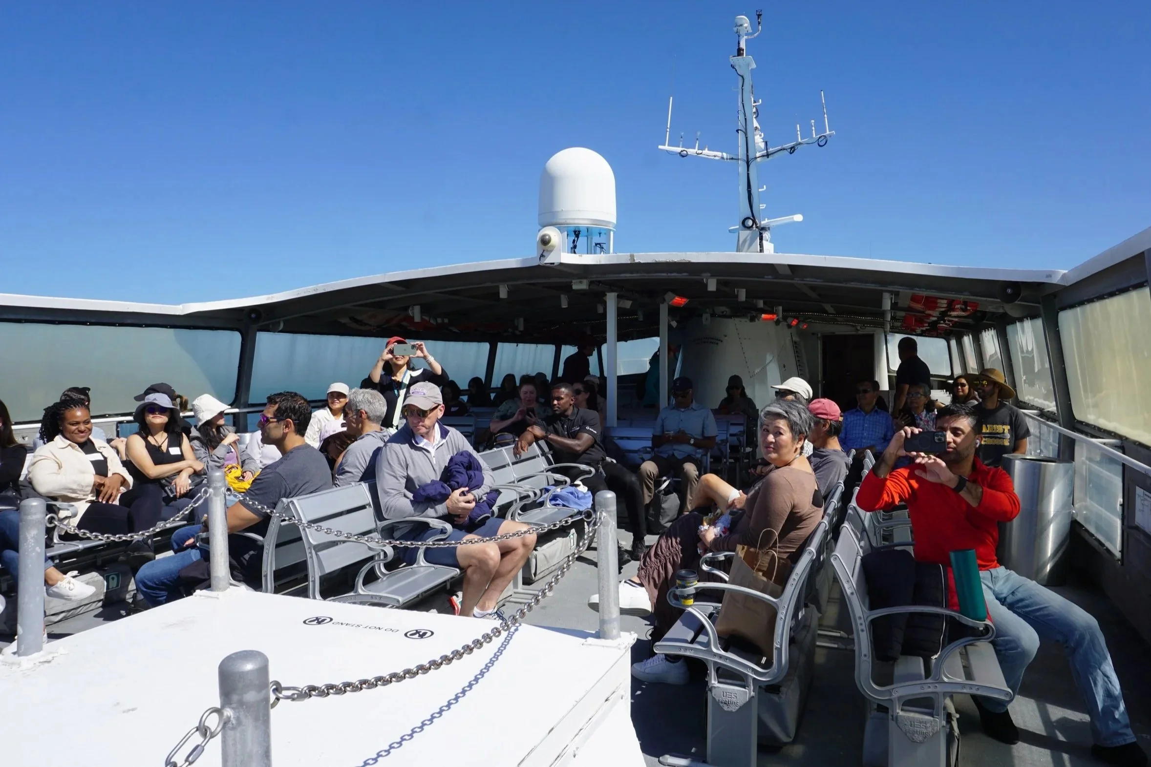 A group of tourists rides a ferry to Angel Island in San Francisco Bay, Calif., on Friday, Sept. 8, 2023. Angel Island is a historic U.S. immigration station where processing took place between 1910 and 1940.