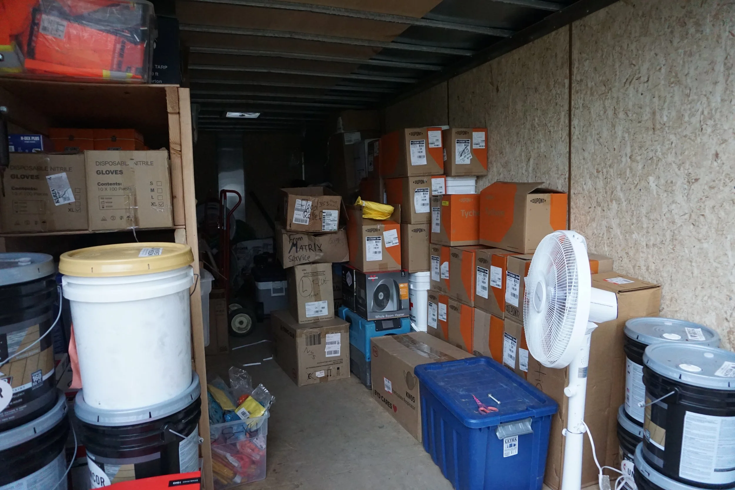  The inside of one of two trailers owned by Whatcom Long Term Recovery Group at the Sumas Advent Church in Sumas, Wash., on Jan. 29, 2026. Trailers would include materials to help with the recovery and mitigation processes of homes. It also had donat