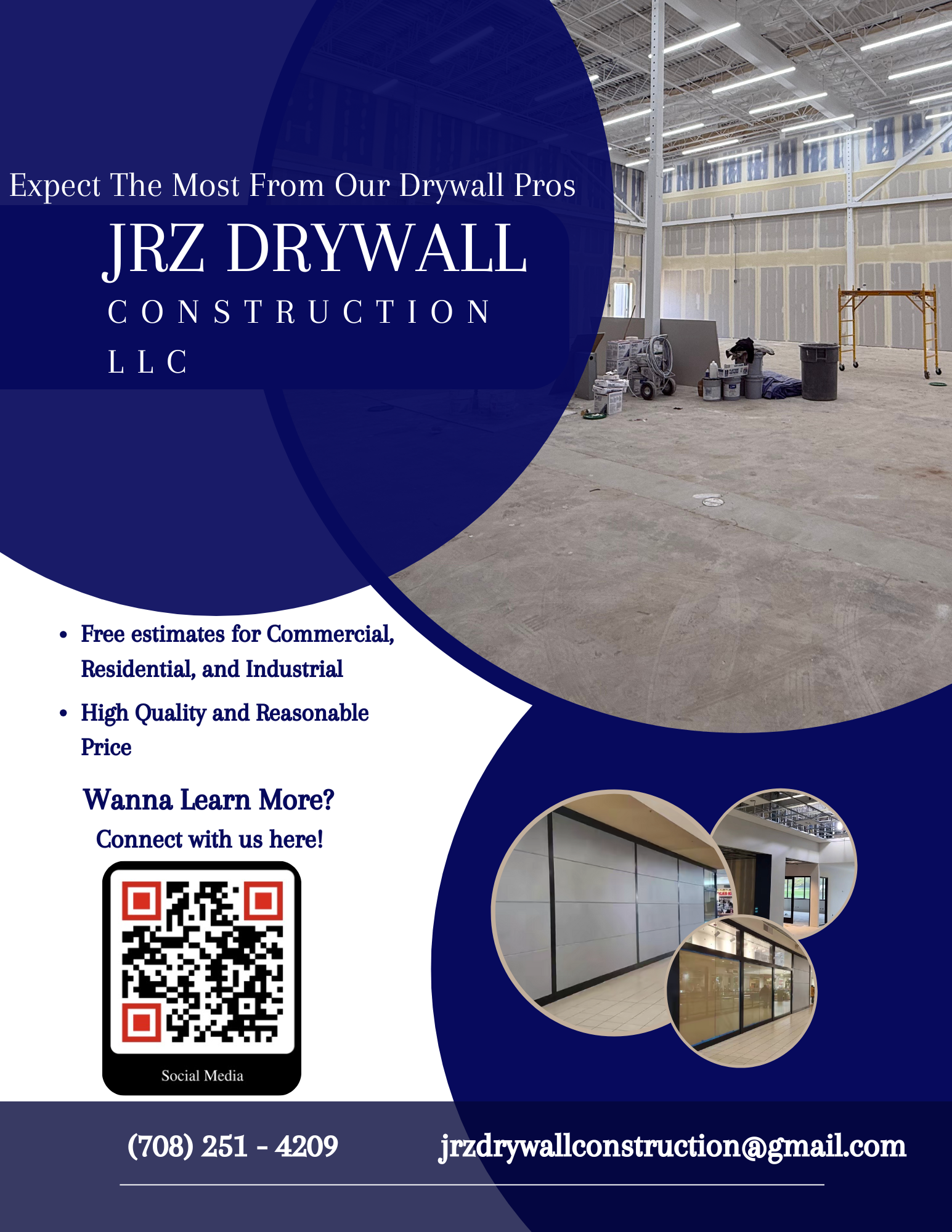A flyer advertising JRZ Drywall Construction LLC featuring images of drywall installation and interior building work, with contact information and a QR code for social media.
