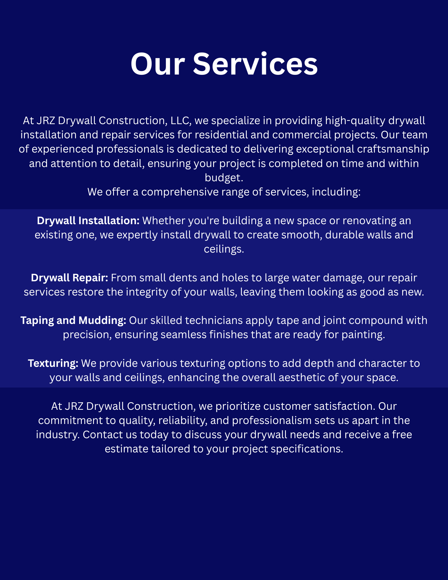 A digital flyer with a dark blue background and white text, titled 'Our Services,' detailing drywall installation, repair, taping, mudding, and texturing services offered by JRZ Drywall Construction, LLC.