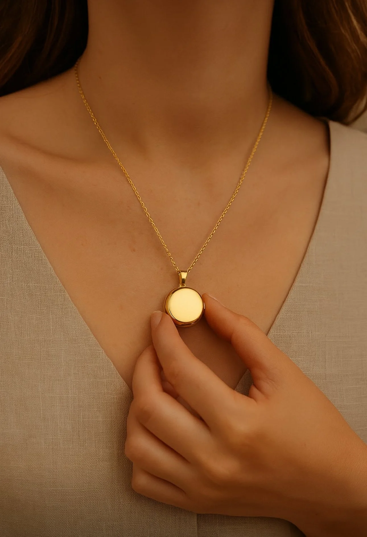 Primer plano de una persona sosteniendo un colgante dorado en forma de medallón sobre una cadena fina en su cuello.