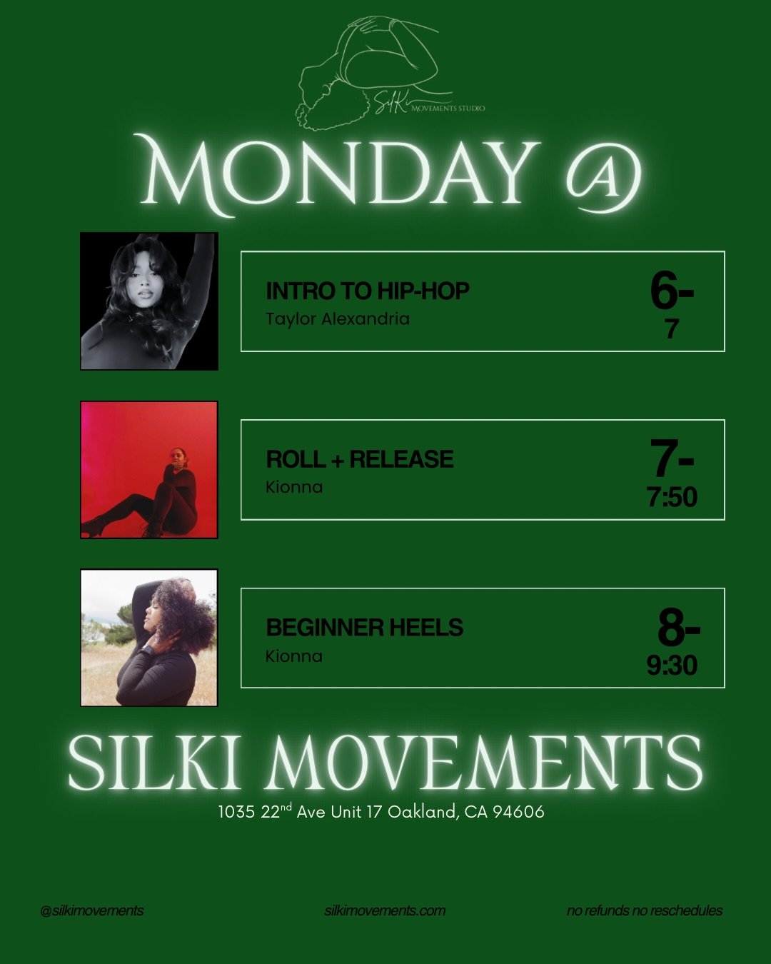 ✨ WEEKNIGHTS ✨ Lock in your week of training &mdash; we&rsquo;ve got something for everyone! ⬇️

MONDAY 3/30:
6pm | Intro to Hip Hop w/ @evolvingwithtay 
7pm | Roll + Release (stretch) w/ @ki0nna  8pm | Beginner Heels  w/ @ki0nna *closed series*

WED