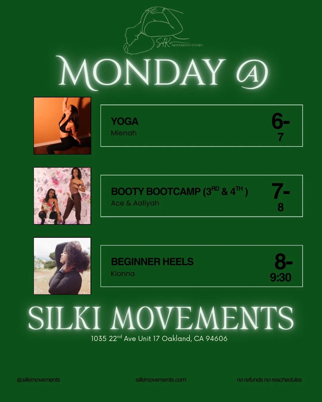 THIS WEEK AT SILKI MOVEMENTS 💚✨

Monday 5/25: @meanuuh | @obeythisace @slumqueen__ | @ki0nna 

Wednesday 5/27: @gayme_boi

Thursday 5/28: @evolvingwithtay | @its_amira.cle |
@ki0nna 

Saturday 5/30: @aswoody03 | @evolvingwithtay

🔗 link in bio to d