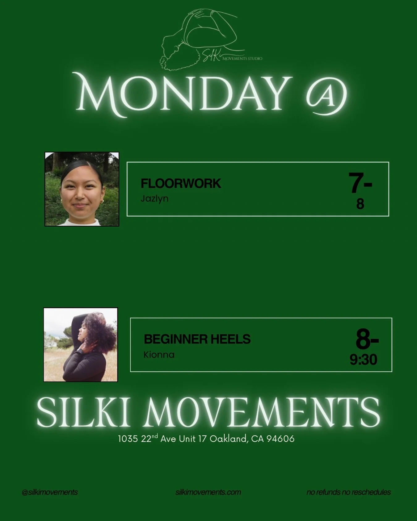 TONIGHT AT SILKI MOVEMENTS 💚✨

Monday 6/8: @jazlbm | @ki0nna 

🔗 link in bio to dance w/ us 🔗
For rental availability click the link in our bio or visit silkimovements.com 💚