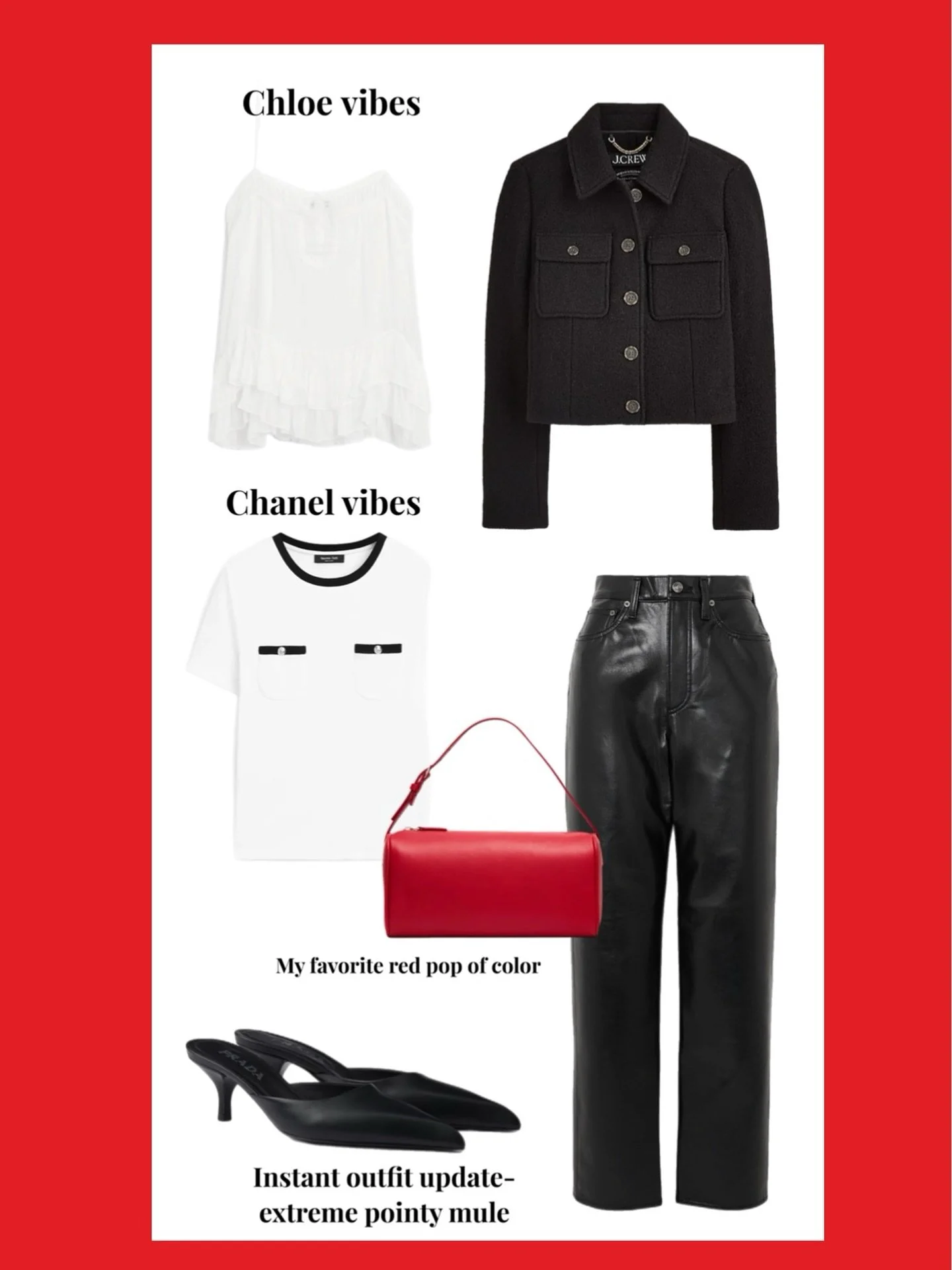 Closet staples don’t have to feel boring. The secret? Tiny updates. Swap in a pointy mule instead of a round toe, layer a Chanel-vibe tee under your jacket, or add a bold red bag for instant polish.
I help clients keep their staples current and