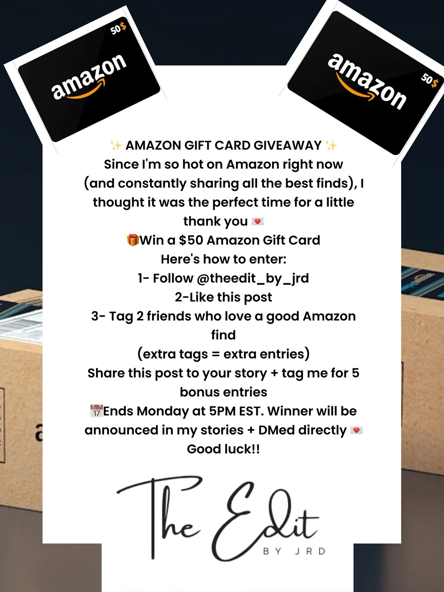 ✨ AMAZON GIVEAWAY TIME ✨
I’m so hot on Amazon right now 🔥 so it only feels right to share the love with YOU! 💌
🎁 Win a $50 Amazon Gift Card 🛍
📅 Ends Monday at 5PM EST
👉 Enter details in post — good luck!! ✨