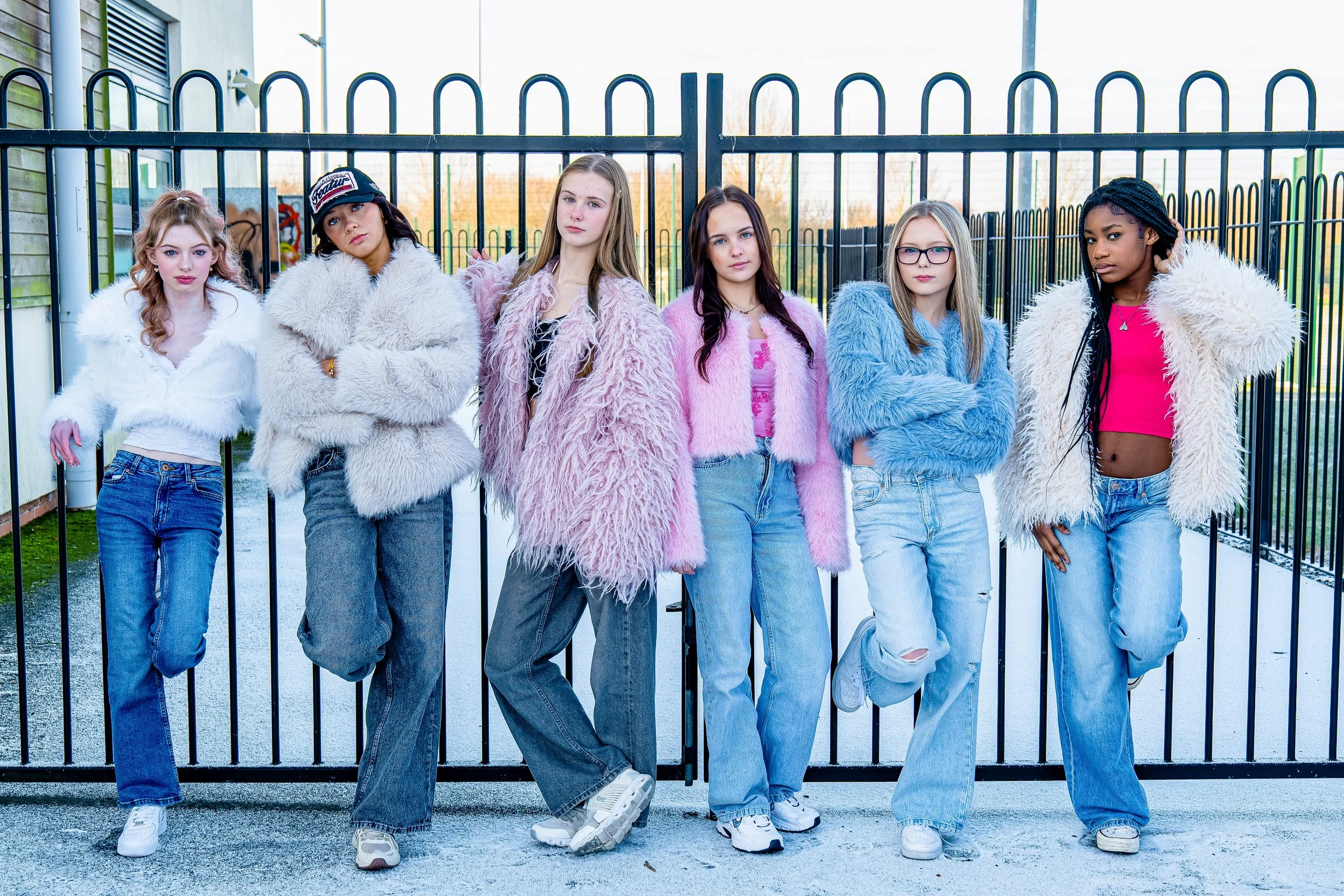 Portrait photography for Northern Daughters Album cover at Inspire Stage school Sunderland, girls posing by the stage school gates