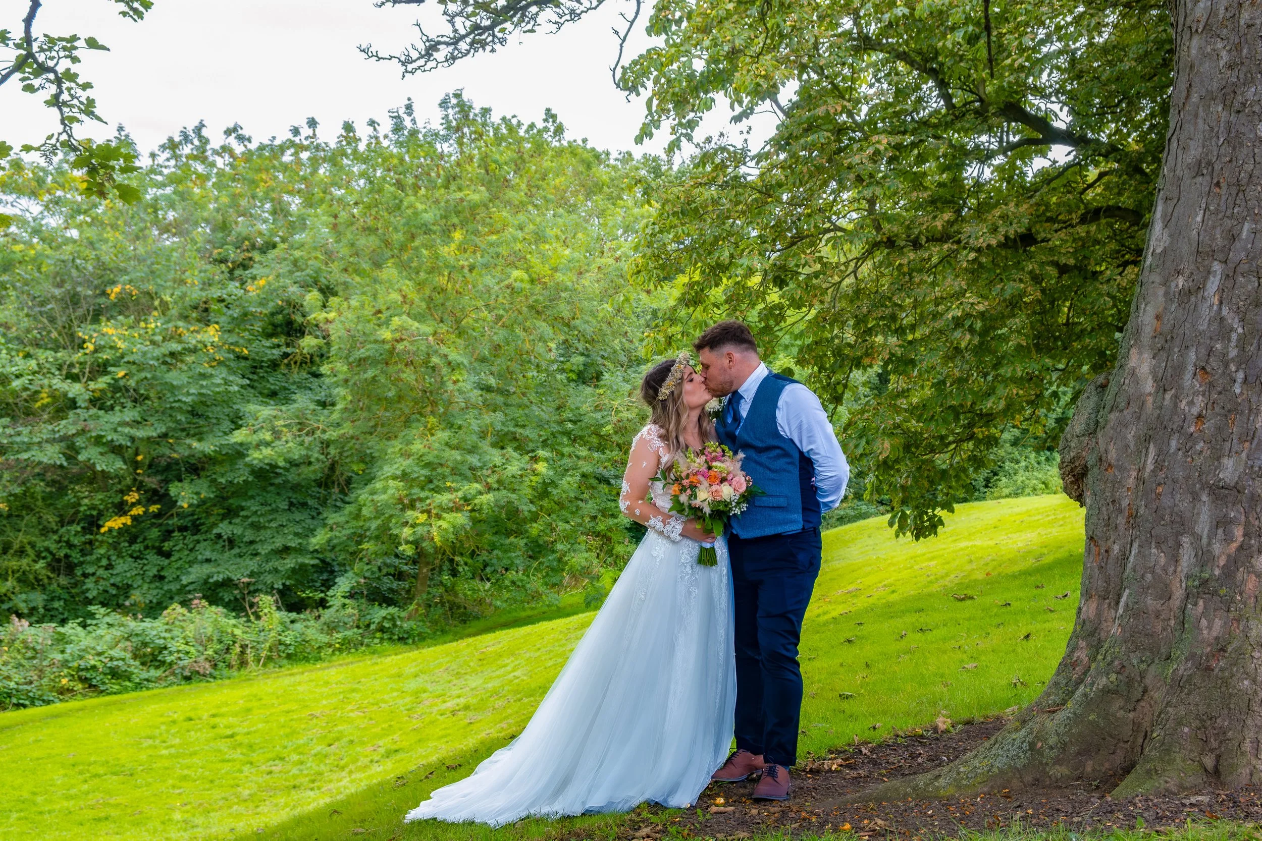 Relaxed wedding portrait of a bride and groom in the County Durham countryside.