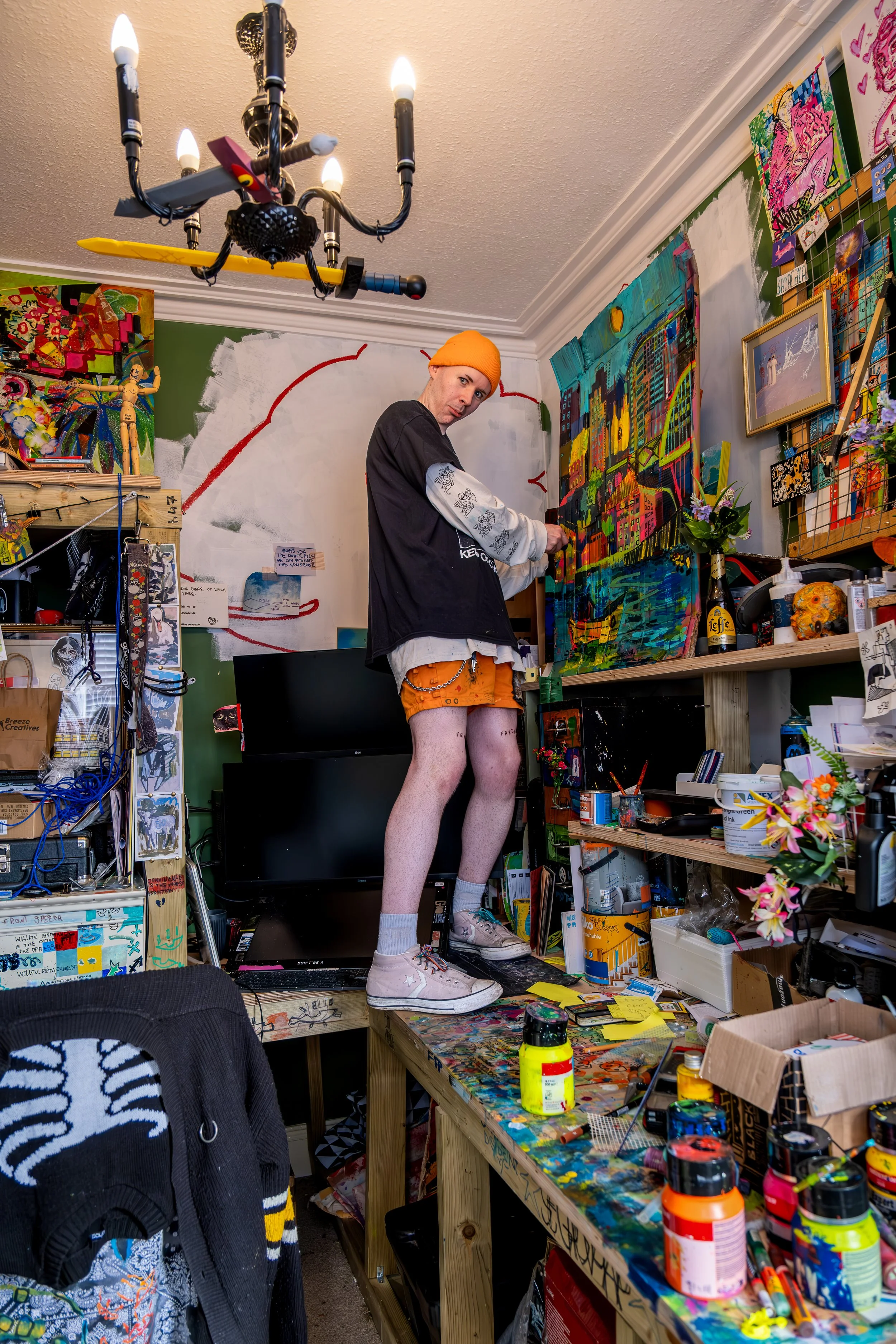Artist photographed in their Sunderland studio – environmental portrait from Claire Louise Photography’s Behind the Art series.