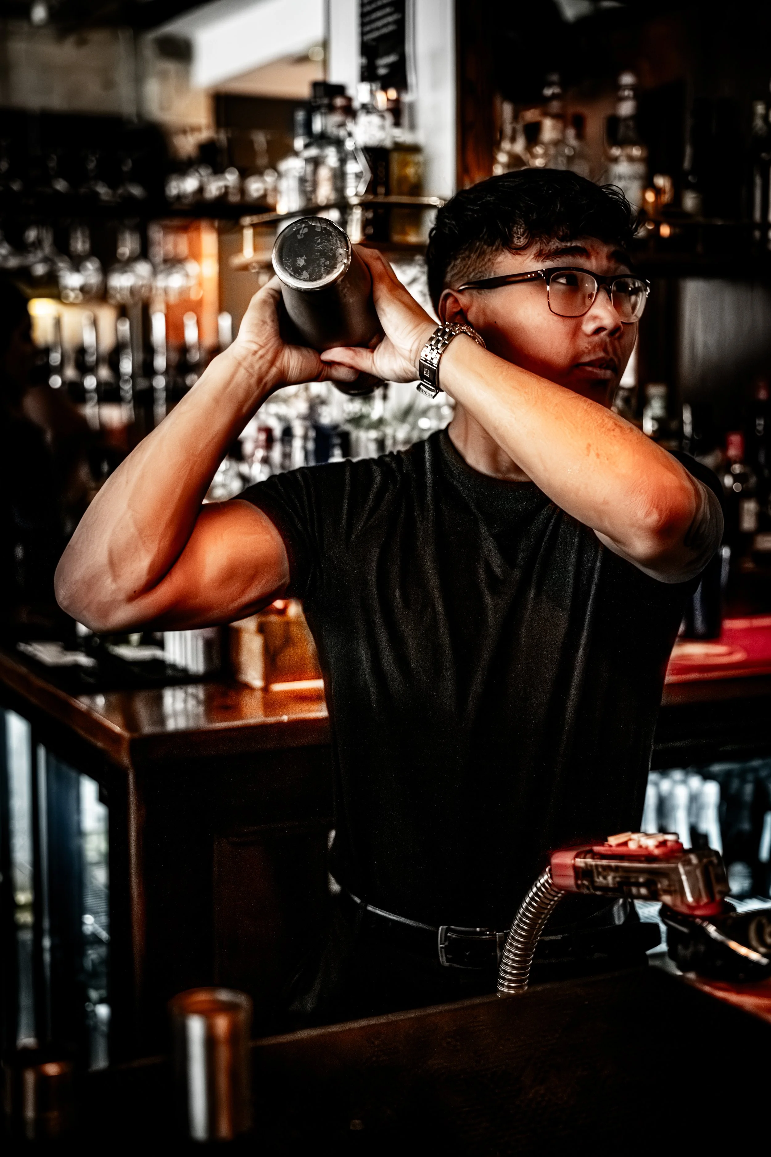 The Engine Room in the Fire Station Sunderland, Portrait photography / Business branding, man shaking cocktails
