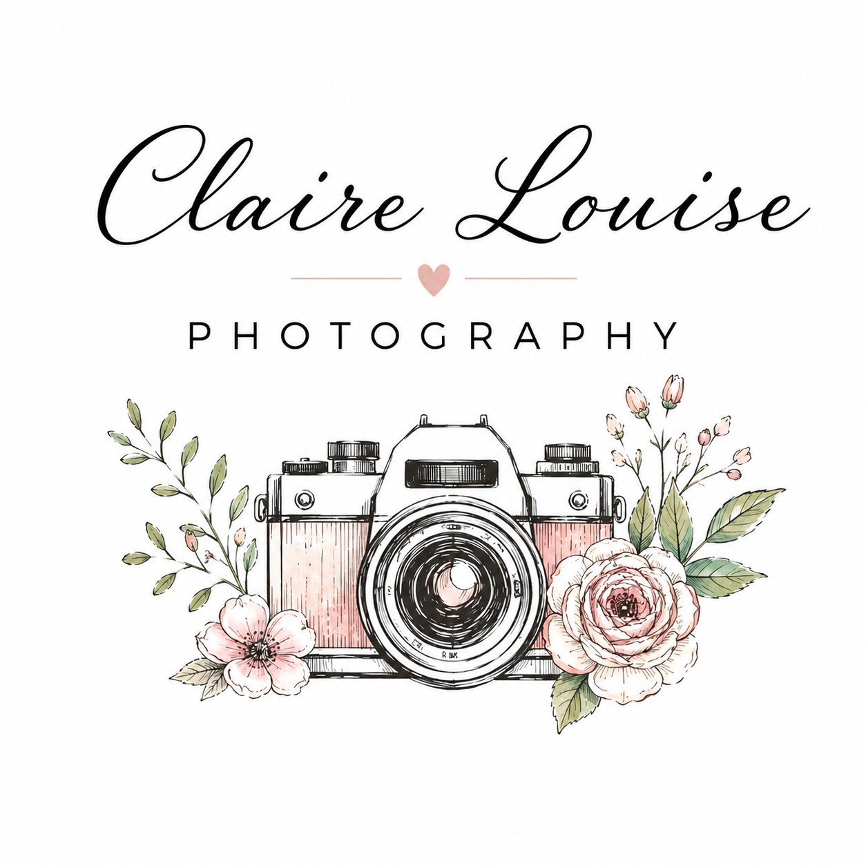 Business logo for Claire Louise Photography featuring a vintage camera surrounded by pink flowers and green leaves.