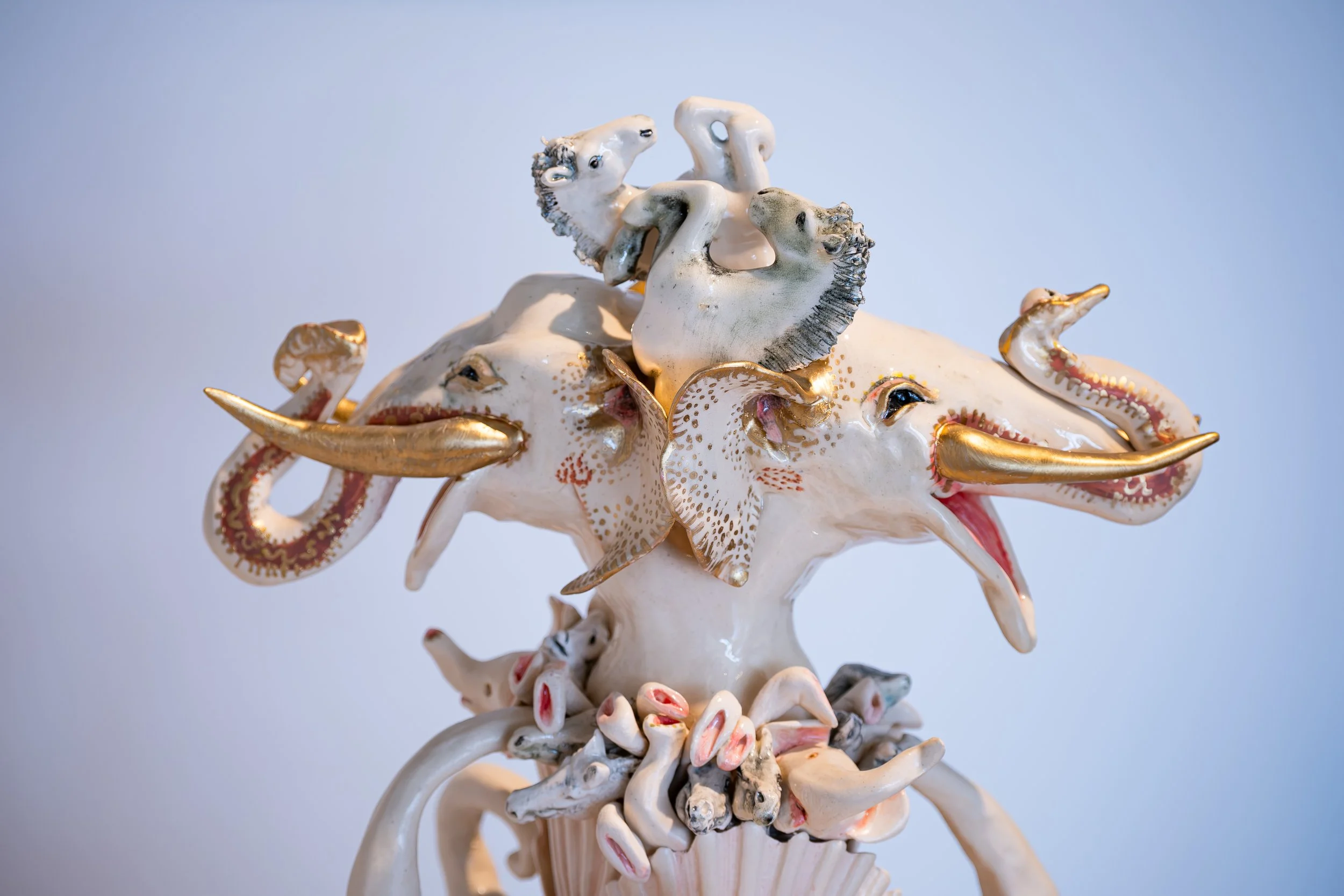 Ceramic artwork photographed alongside the artist at the National Glass Centre in Sunderland.