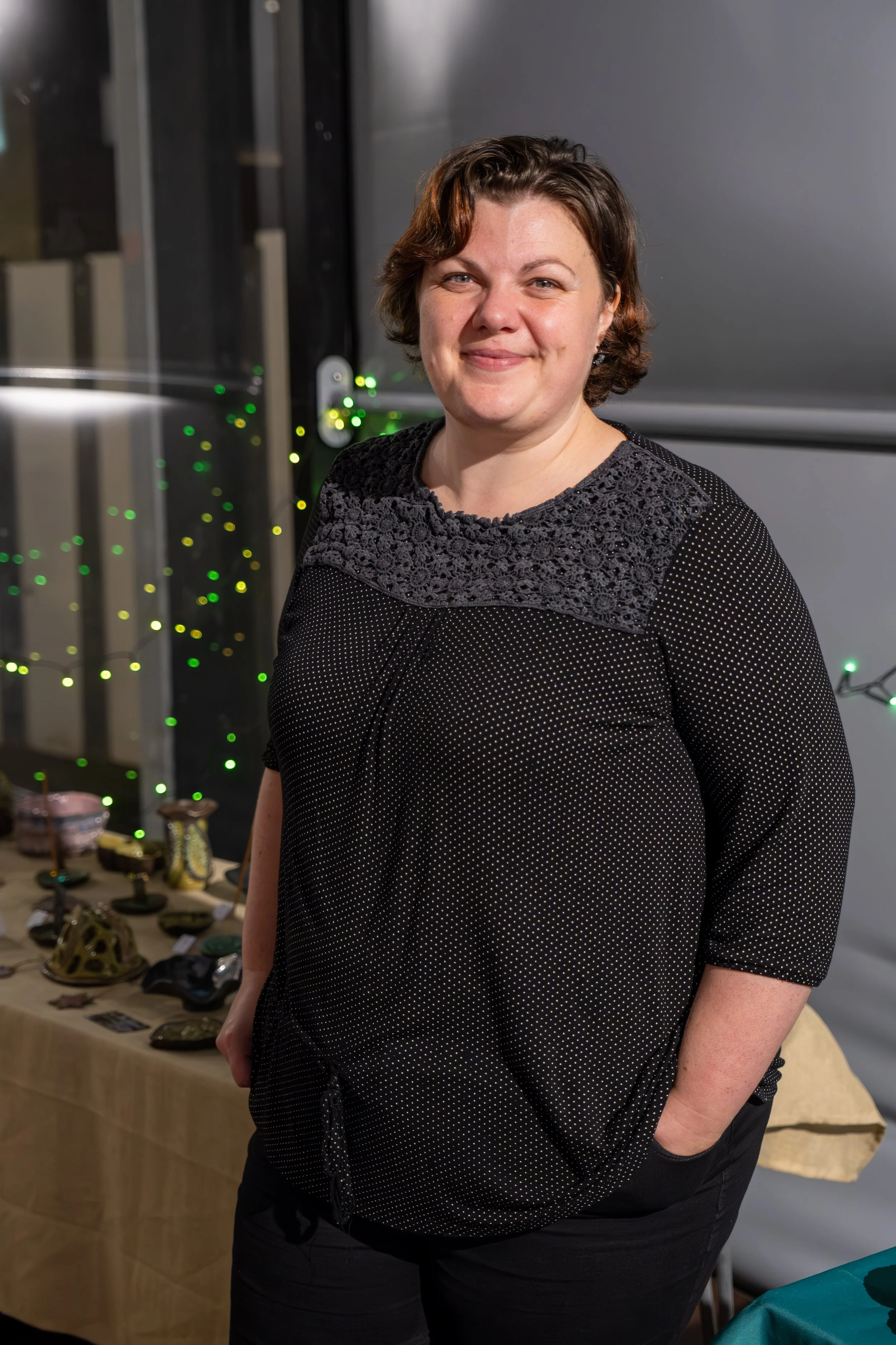 Artist portrait of Jo Lamoureux at her exhibition in the North East.