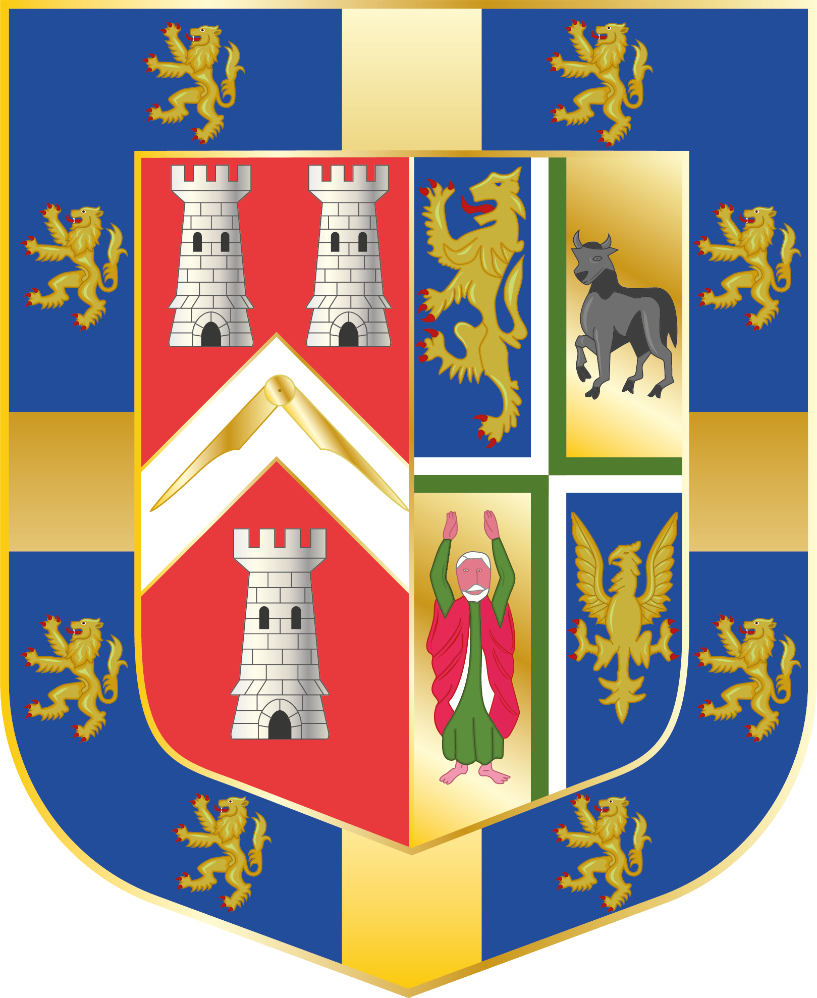 A detailed coat of arms featuring a shield divided into four quadrants, with a red background containing two white castles, a blue background with a yellow lion, and a gold background with a black bull. The shield is surrounded by a blue and gold border with yellow lions. An additional smaller shield beneath the main shield depicts a pink face and two hands raised. The emblem includes intricate heraldic symbols and a regal design.