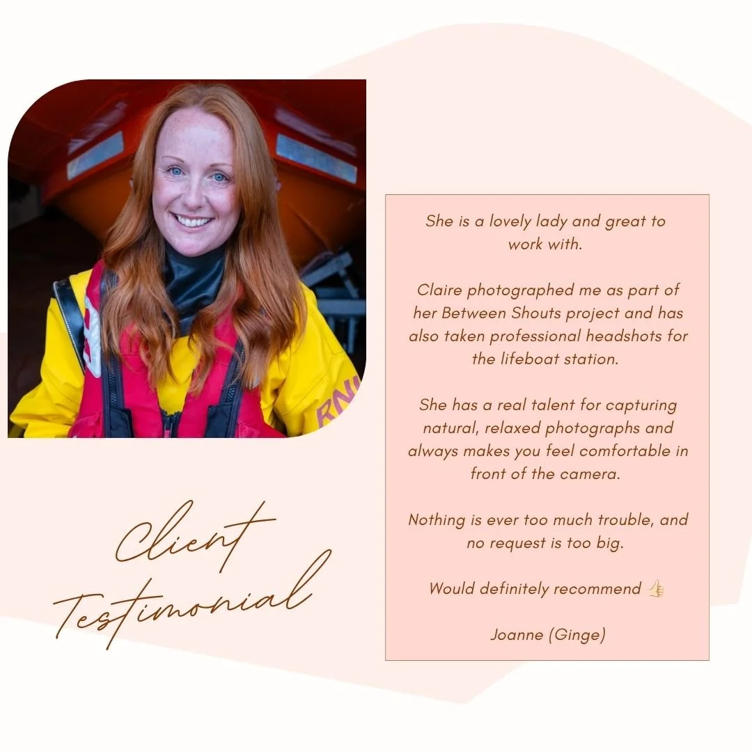 A smiling woman with long red hair wearing a yellow rain jacket and a life vest, standing in front of a life boat. To the right, a client testimonial text is displayed on a pink background.