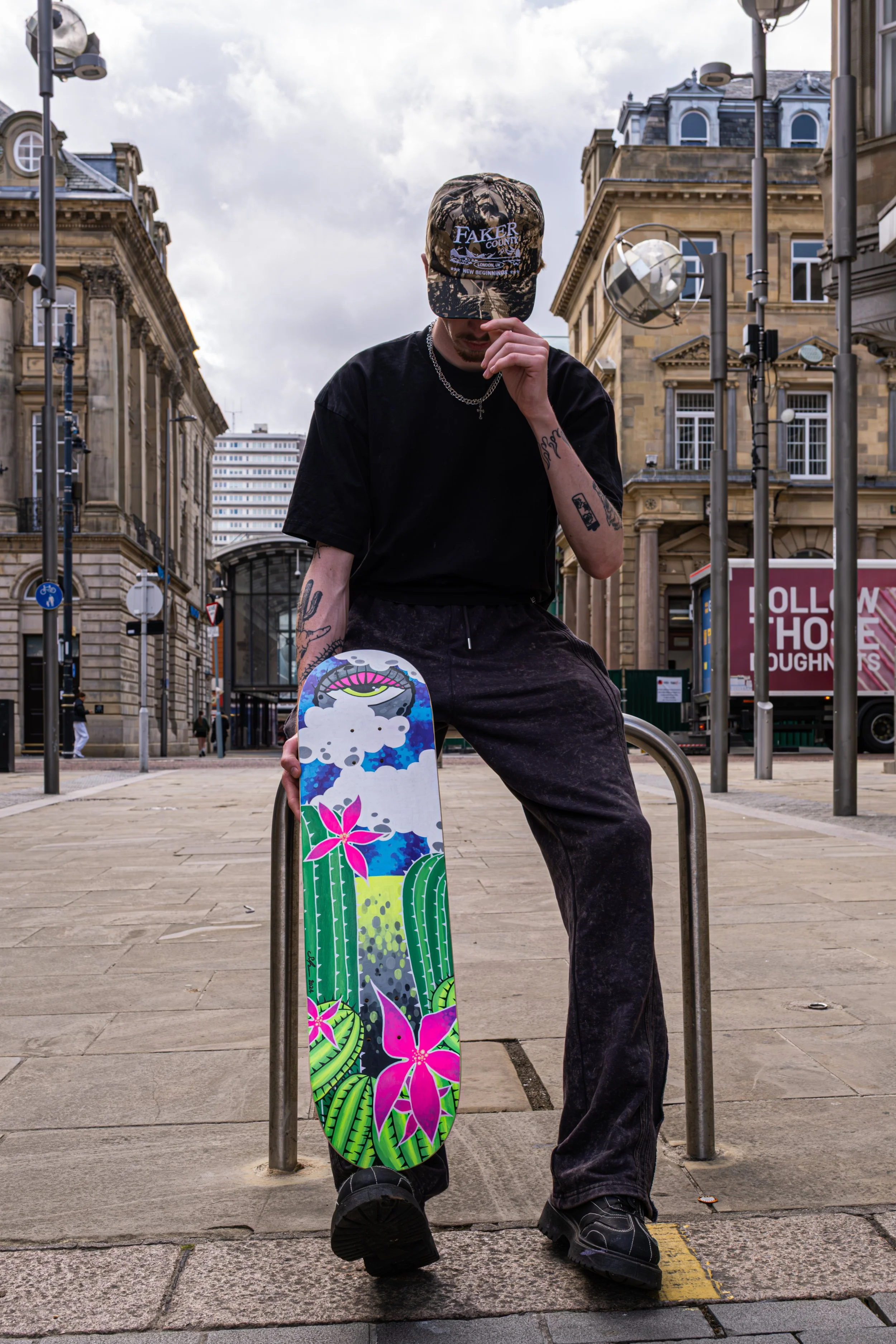 Skateboard artwork by a local artist photographed at Port Independent in Sunderland.