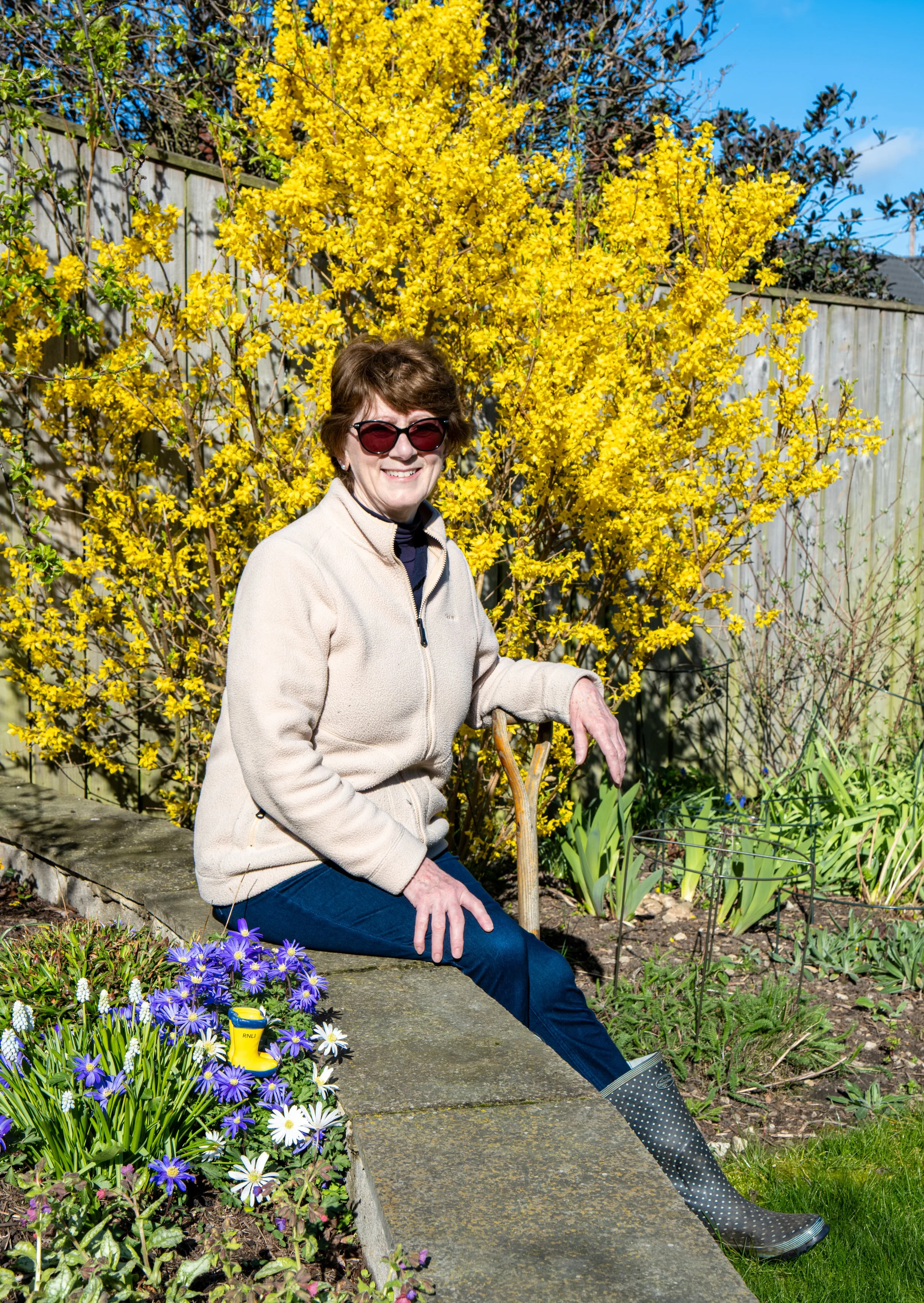 Elderly woman sitting on garden steps in a backyard, smiling, wearing sunglasses, a beige fleece jacket, and polka dot rain boots, surrounded by blooming yellow forsythia and purple and white flowers in a garden.