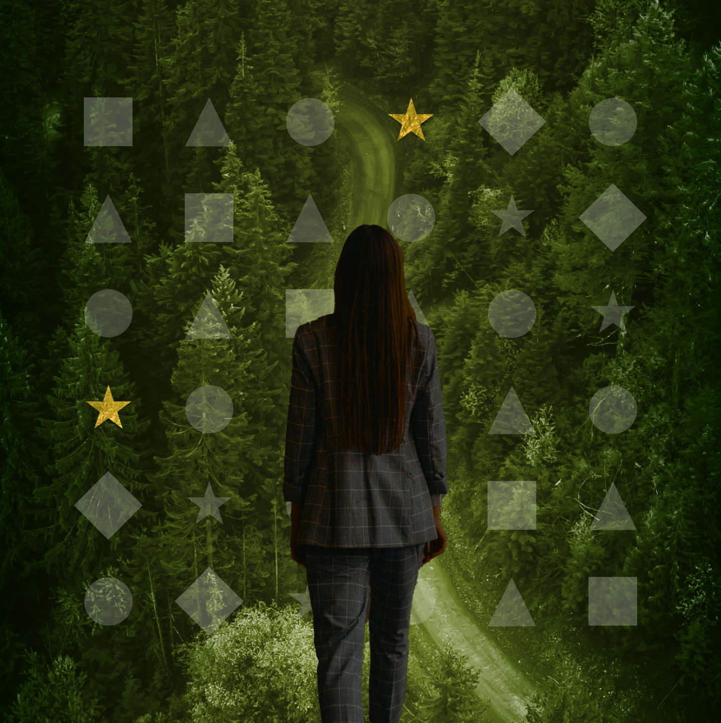 A woman with long hair, dressed in a plaid suit, faces away, looking at a forest scene with overlaid geometric shapes and gold stars.