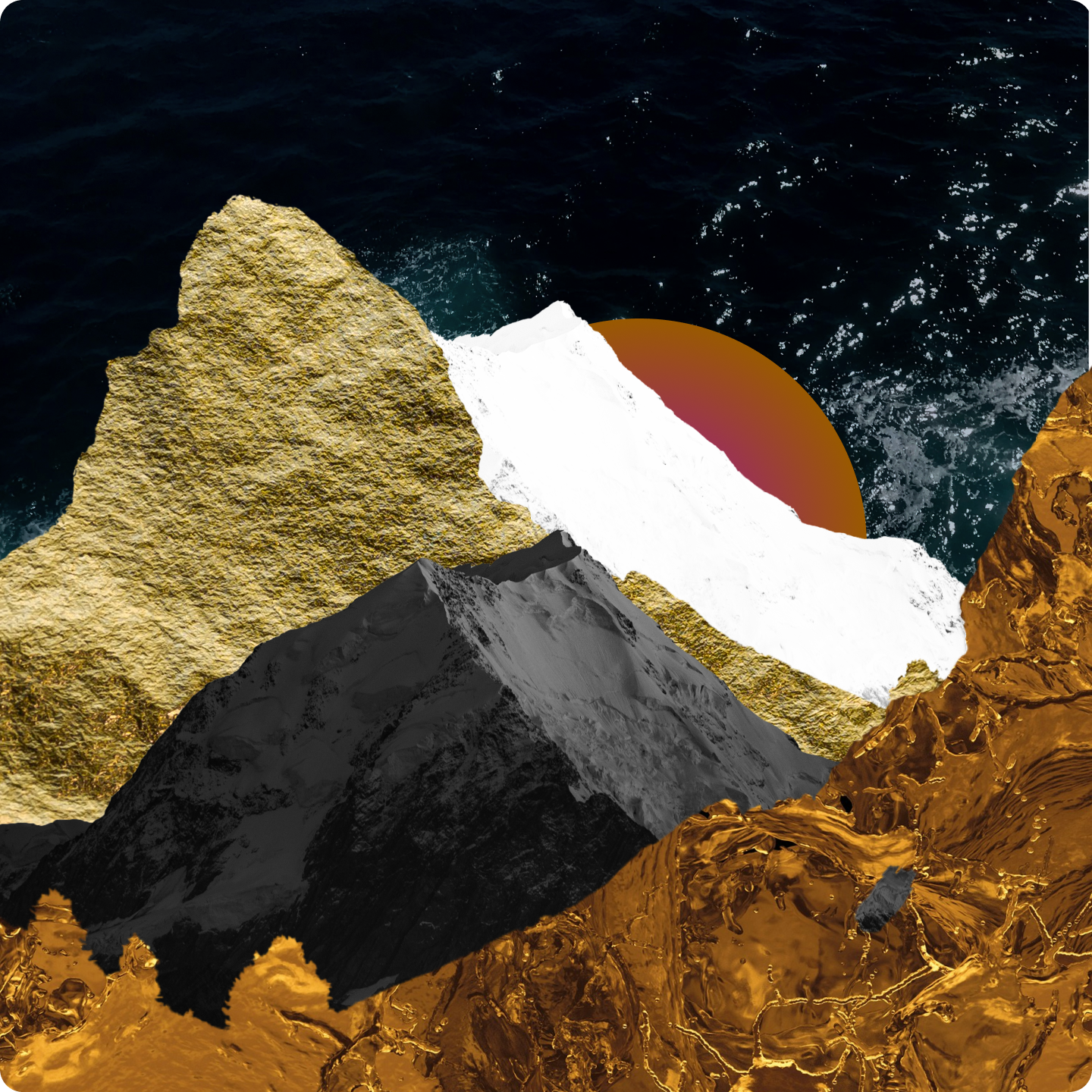 Abstract mountain landscape with gold, silver, black, white, and brown textured rock formations, a dark ocean background, and a setting sun.