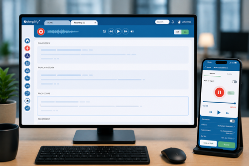 Clinician using speech recognition across desktop and mobile devices