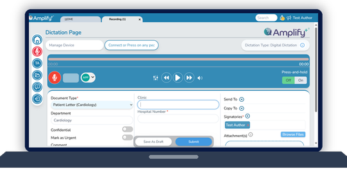 Amplify Plus Web Dictation interface shown on a laptop