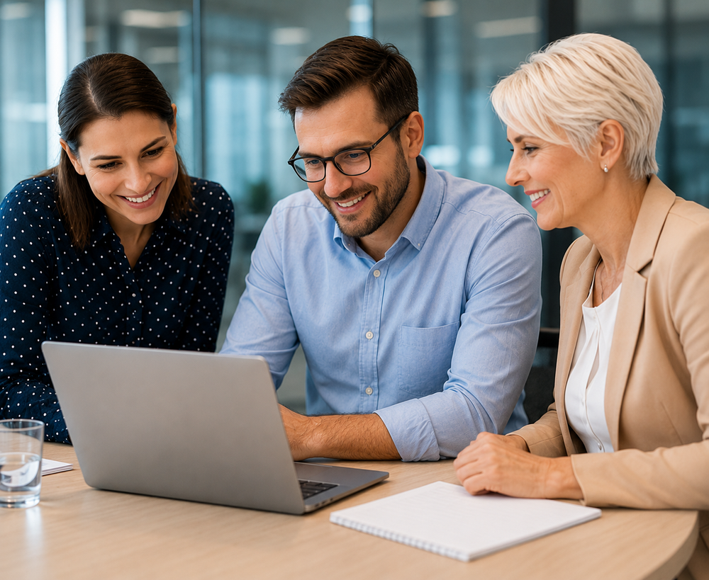 Three professionals collaborating around a laptop