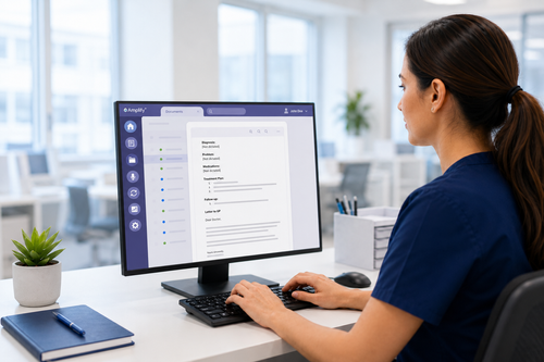 Medical transcription specialist working at a computer