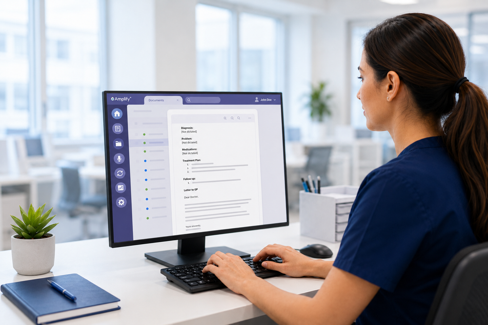 Medical transcriptionist typing while using the Amplify clinical documentation workflow