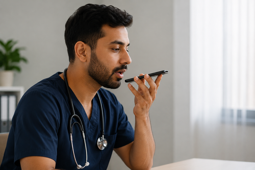 Clinician using digital dictation on a mobile device