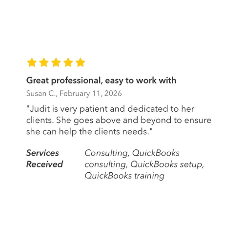 Customer review with five stars, praising a professional named Judit for her patience and dedication, mentioning services like consulting and QuickBooks training, dated February 11, 2026.