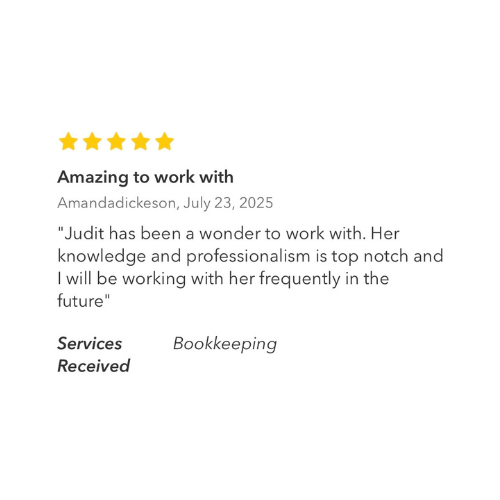 Testimonial review with five stars, praising Judi's professionalism in bookkeeping, dated July 23, 2025, by Amanda Dickenson.