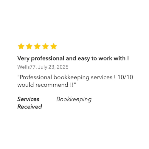A customer review with 5 stars, praising professional and easy-to-work-with bookkeeping services, dated July 23, 2025, recommending the services with a 10 out of 10 rating.