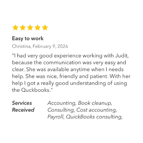 Customer review highlighting a five-star rating and positive feedback about working with Judy, mentioning her helpfulness, friendliness, and patience with QuickBooks.