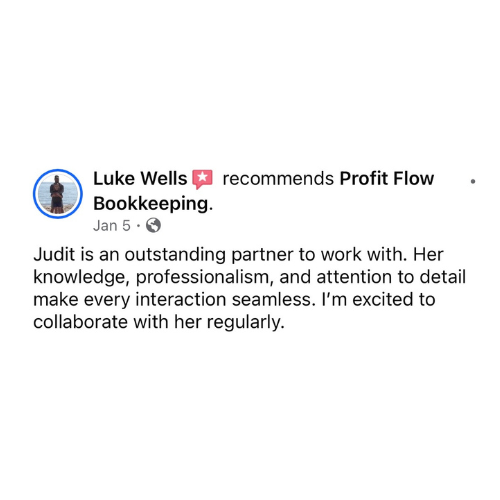Social media recommendation post praising Judit for her professional bookkeeping skills and collaboration.