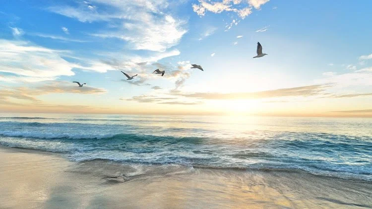 A man wearing glasses, a navy blue suit, a white shirt with small red dots, and a black tie, standing against a background with blue and pink clouds.