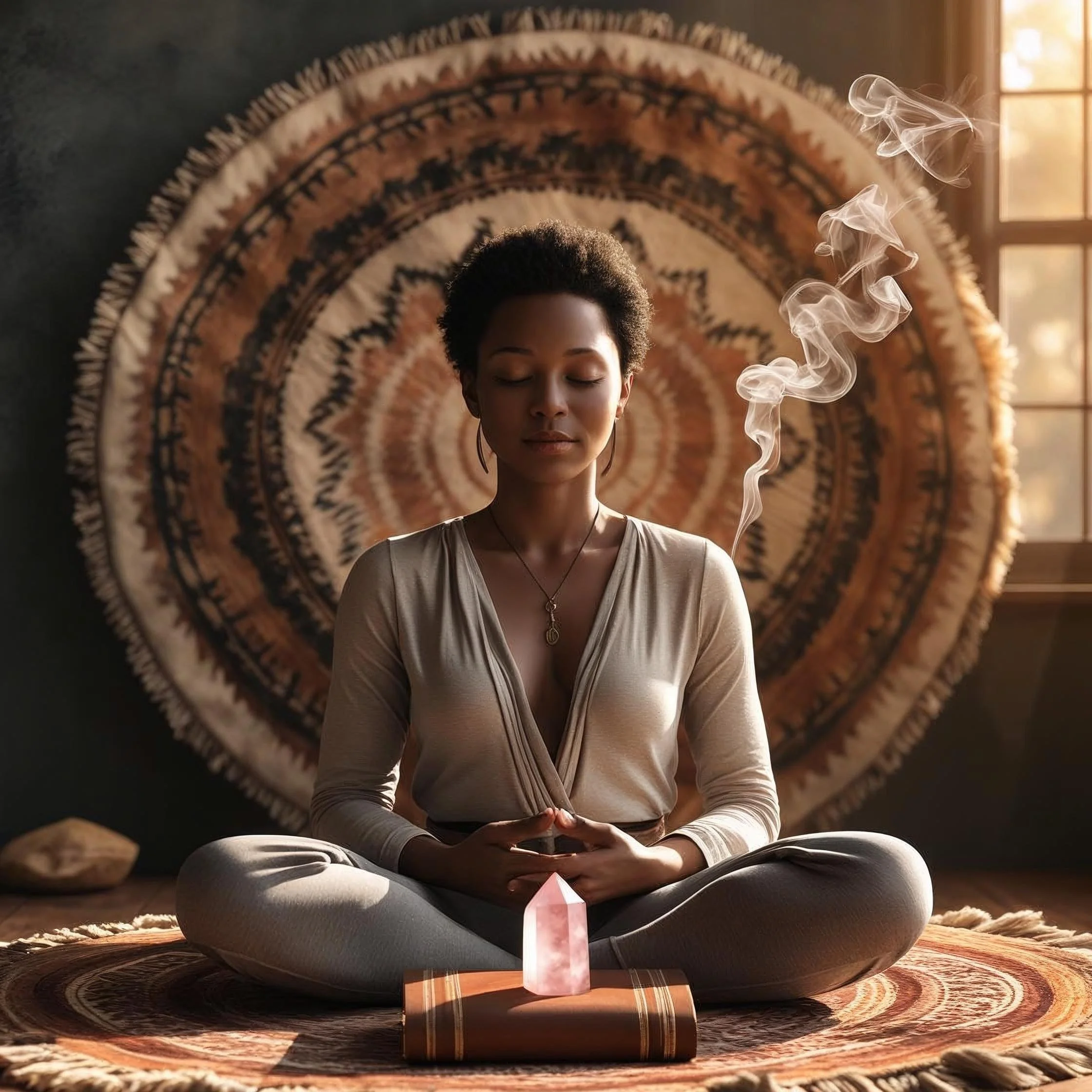A realistic photo image, rendered in a soft, painterly style with a focus on natural light and warm earth tones, of an African American woman with short hair sitting cross-legged on a richly textured bo (2).jpg