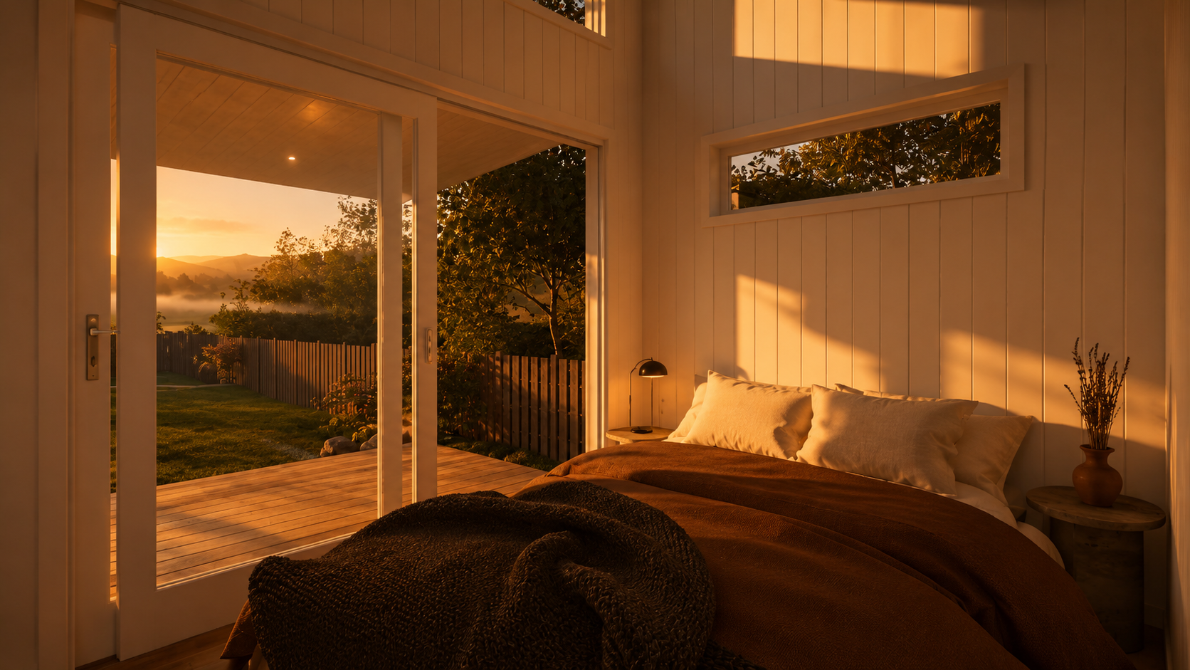 Modern bedroom with warm light glowing into granny flat designed for multigenerational living, rental income, Airbnb accommodation, or backyard guest housing.