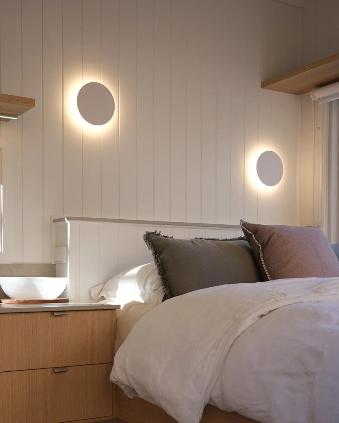 Our Palegrain interior design package applied to our Five Four tiny home. Featuring @nerotapware in brushed nickel, @laminexau cabinetry in Victorian Ash &amp; Alpine Mist, and @robertgordoninteriors wall hooks. Bright, airy, and textural.

#tinyhome