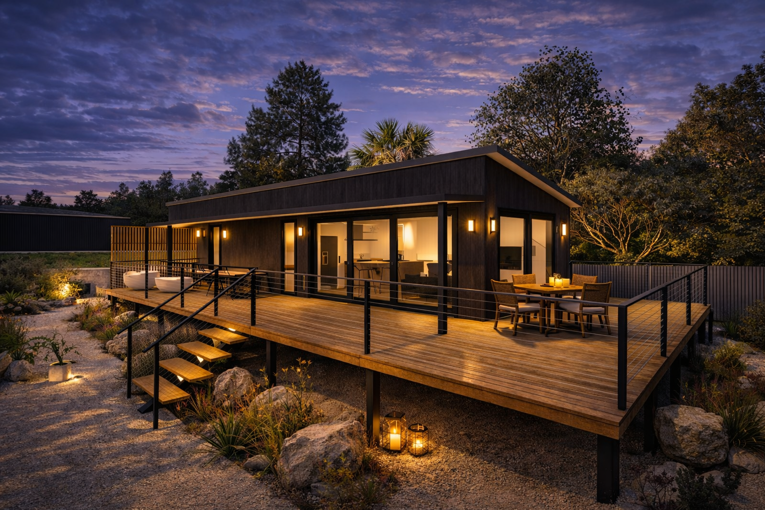 1 bedroom modular / transportable tiny home dark features, big deck and large widow set in a beautiful landscaped garden with a blue and purple sunset