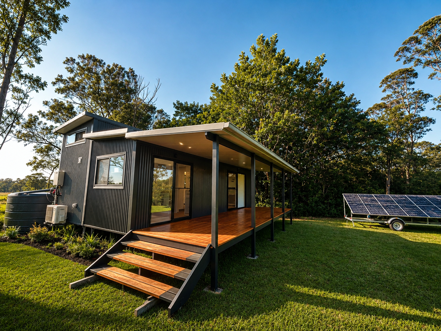 Modern 3 bedroom tiny home with annexe and outdoor entertaining deck designed for spacious family living and luxury holiday accommodation. This Australian-built 8.4m tiny home features contemporary architecture, open-plan interiors, premium finishes,