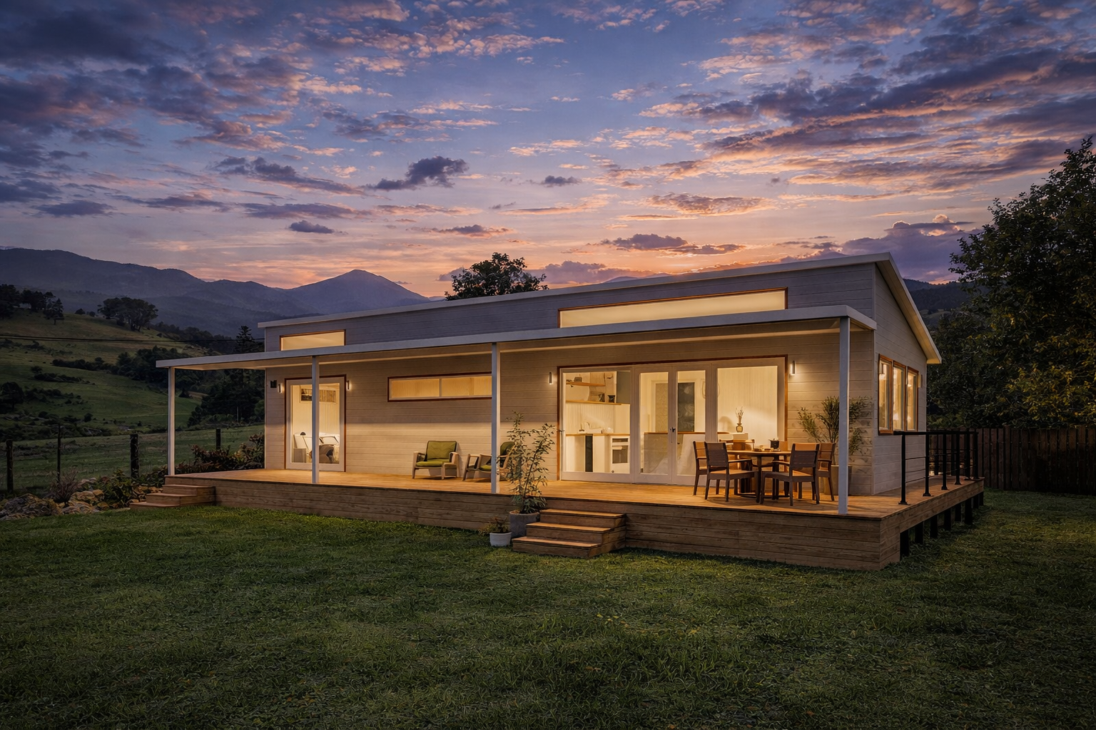 Modern two bedroom modular home with architectural exterior, natural timber accents, large black framed windows, open-plan living, and landscaped outdoor deck. Designed for sustainable Australian living with a premium contemporary finish, ideal for r