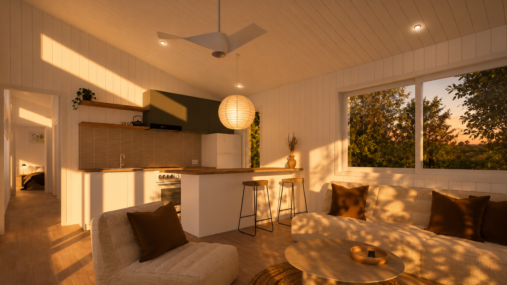 Luxury 2 bedroom modular home with modern kitchen, spacious living area, large glazing, and optional off-grid upgrades built for rural and coastal properties across NSW.