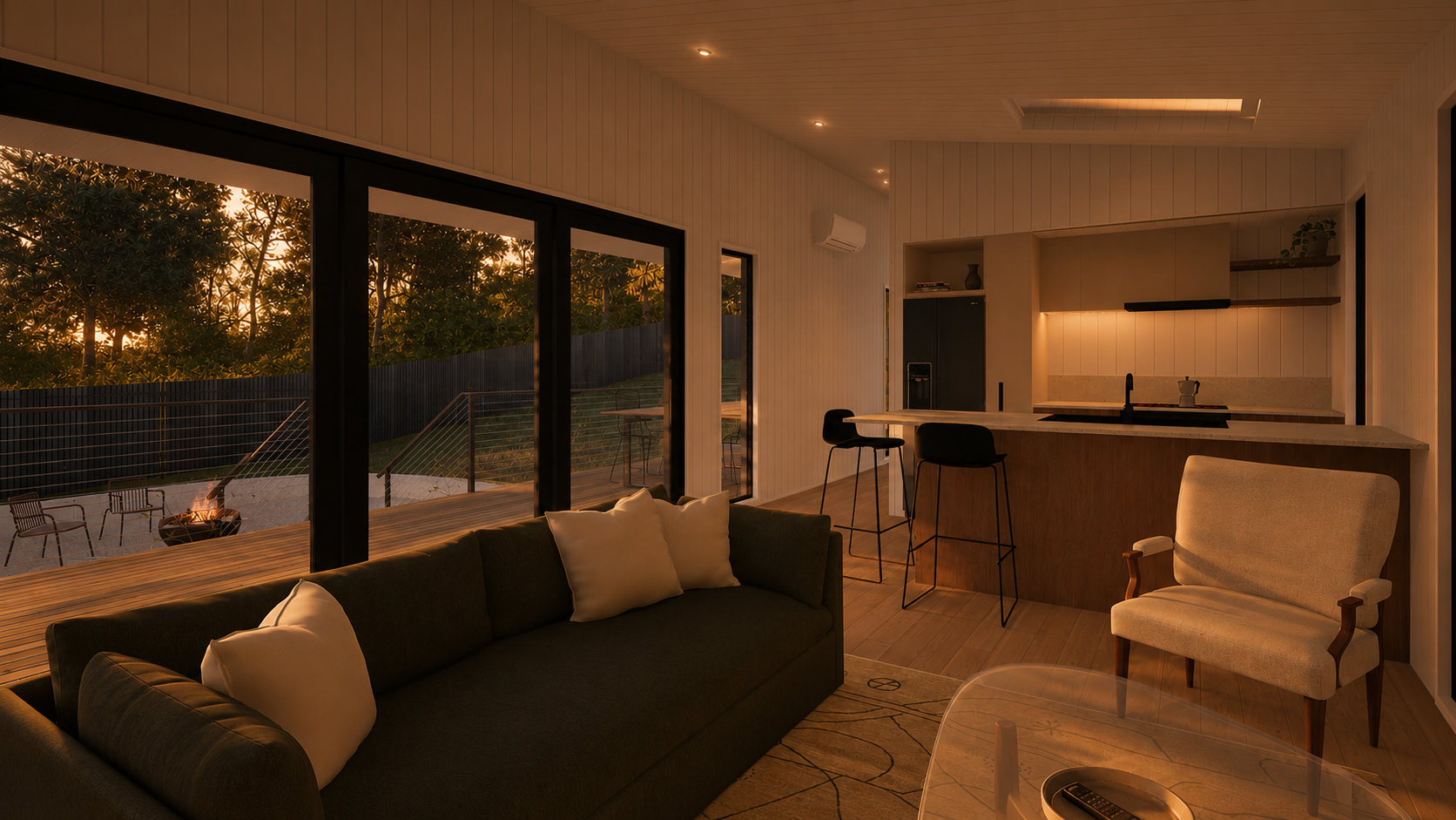 Small 1 bedroom modular granny flat featuring modern architecture, premium kitchen and finishes with high ceilings, and natural materials designed for comfort and functionality.