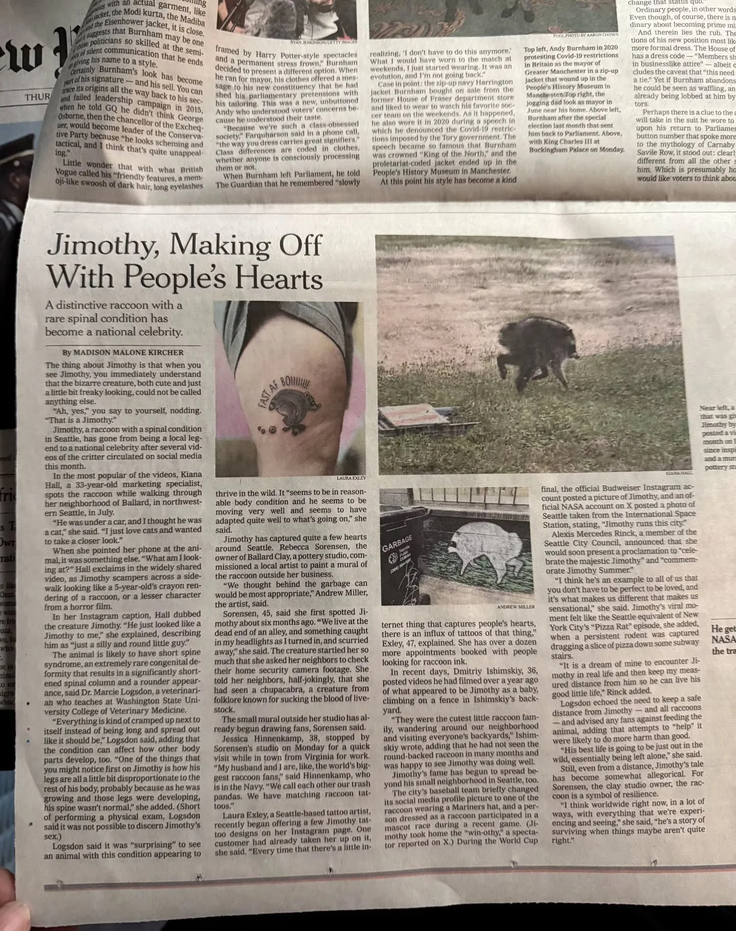 Our bada** and super talented friend and artist @lauraexleytattoo made it to the #newyorktimes newspaper for her Jimothy Flash 🦝👏👏 She was one of the first, if not the first, to put her flash out to the public and it blew up! Proud of our girl and