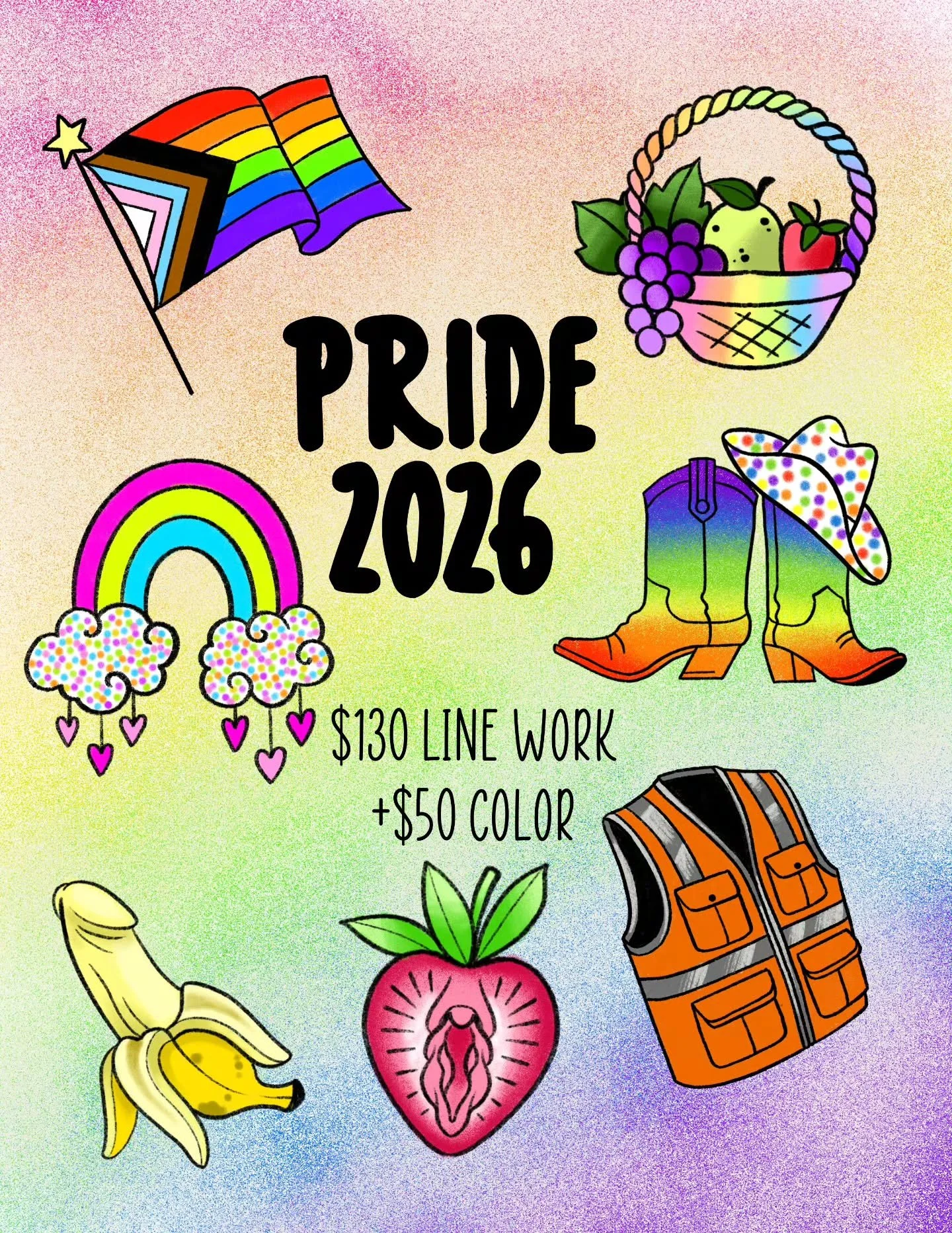 👢Another amazing Pride flash sheet!

Designed by our sweet @morgandanatattoos 🌈🍓🍌 

Event Deets!

🗓 June 26th (Friday) and 27th (Saturday)
🕐 11AM-5PM (and later if it gets busy 😉)
☀️ First come, first served 
✨️ Arms &amp; legs only 
💸 Flash 