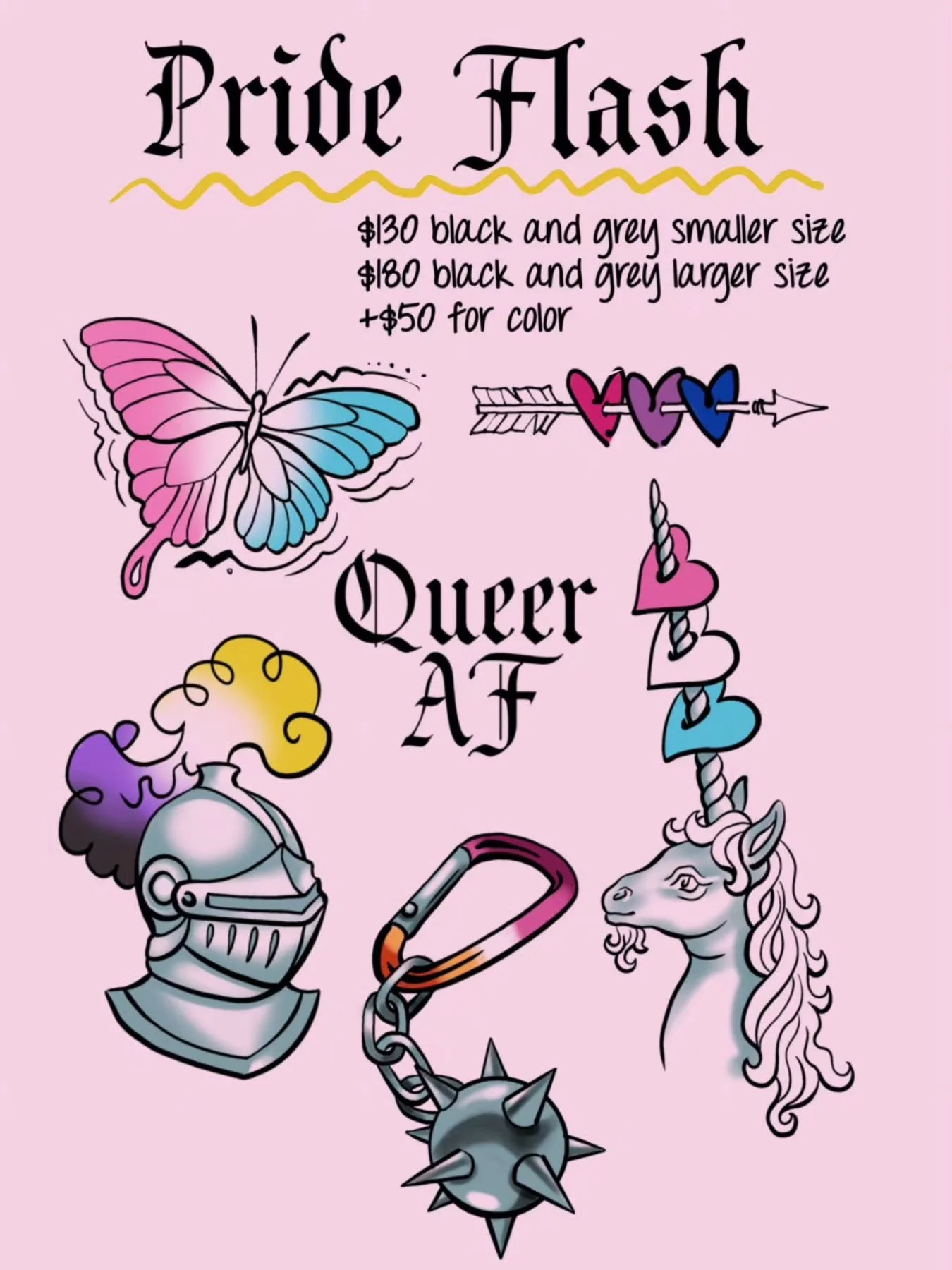 🦄 More pride flash from the lovely @lauraexleytattoo 🏹 ❤️

Event Deets!

🗓 June 26th (Friday) and 27th (Saturday)
🕐 11AM-5PM (and later if it gets busy 😉)
☀️ First come, first served 
✨️ Arms &amp; legs only 
💸 Flash prices vary- see individual